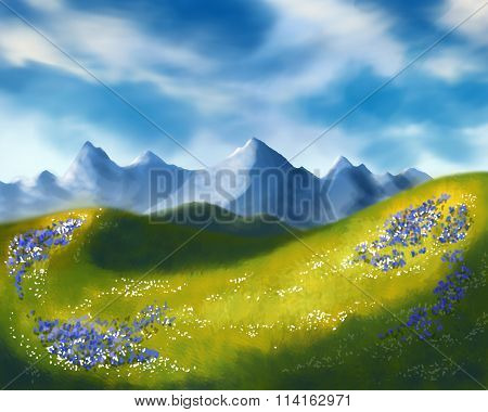 Digital painting of landscape with meadow and mountains