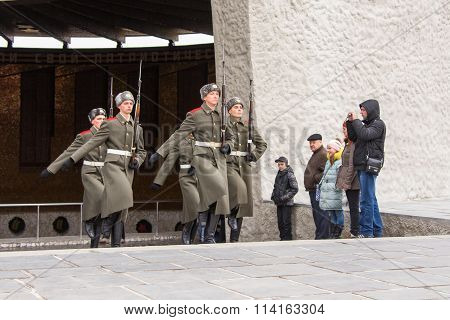 Honor Guard Leaves The Hall Of Military Glory In The Area Of Grief, Historical-memorial Complex &quo