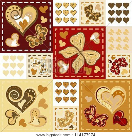 Seamless background with butterflies hearts in patchwork style. Vector illustration