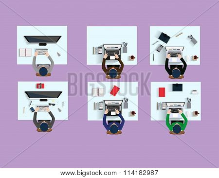 business office worker people on job at the table with laptop computer coffee icons vector il