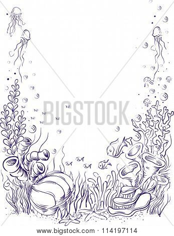 Sketchy Illustration of an Underwater Scene Colored Purple