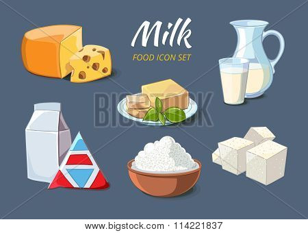 Milk products icons in cartoon style