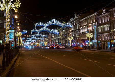 SAINT PETERSBURG, RUSSIA - DECEMBER 27: Night traffic at Nevsky prospekt illumianted for Christmas on December 27, 2015 in Saint Petersburg, Russia