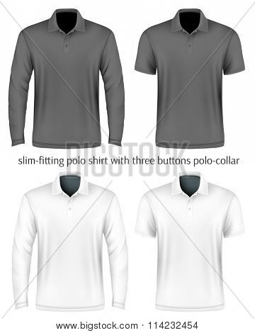 Men's slim-fitting polo shirt front view. Vector illustration. Fully editable handmade mesh.