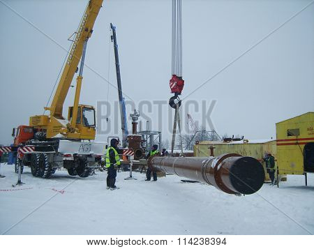 Russia, Sakhalin  - 19 November 2014: Construction of the gas pipeline on the ground. Transportation of energy carriers.