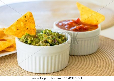 Mexican Nachos. Homemade Mexican Salsas With Corn Chips