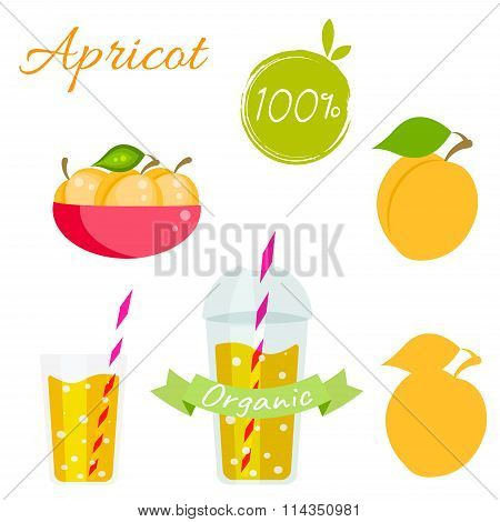 Apricot fruit and juice vector set.