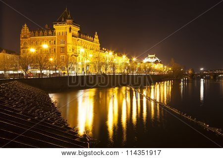 Smetana embankment at the Charles Bridge at night. Prague. Czech Republic