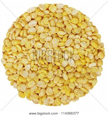 Split and hulled mung beans isolated on white