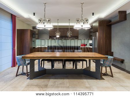 Kitchen and dining area in luxury villa interior