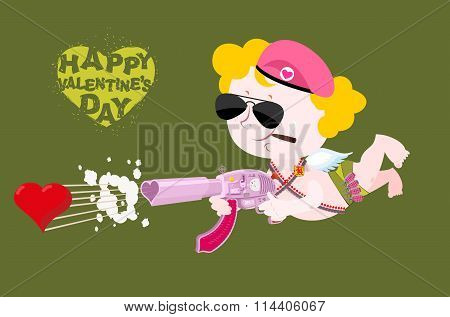 Happy Valentines Day. Army Valentine. Military Cupid. Angel With Love Machine Gun. Little Soldiers I