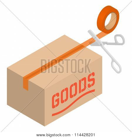 Isometric cardboard box with tape and scissors