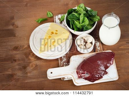 Food Of Vitamin B2 On Wooden Board.