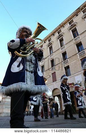Euro Carnival Event With Thousands Of Musicians Dressed In Mask Costume Parade