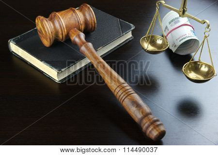 Judges Gavel,  Scale, Old Book And  Russian Cash On Table