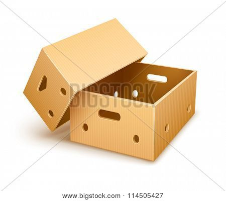 Empty cardboard box tare for fruits transportation and keeping. Rasterized illustration.