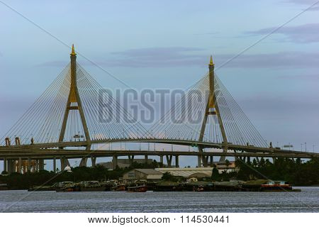 view of suspension bridge across Choa Phraya river Bangkok Thailand