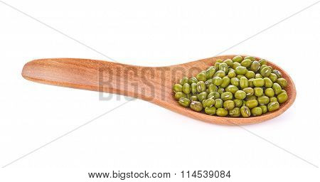 Mung Beans In Wooden Spoon On White Background
