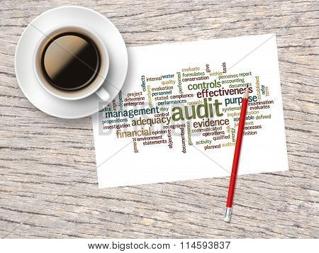 Coffee, Pencil And A Note Contain Word Clouds Of Audit And Its Related Words