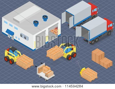 Loading or unloading a truck in the warehouse. Forklifts move the cargo.