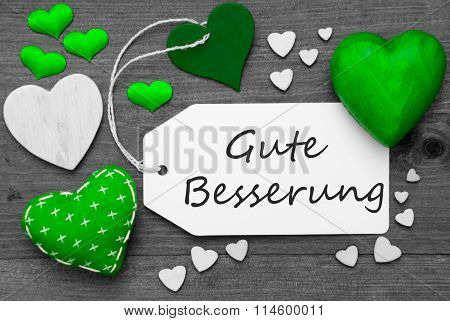 Label With Green Hearts, Gute Besserung Means Get Well Soon