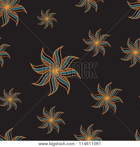 Stylized Star Anise Seamless Pattern. Dark Background. Abstract Texture. Vector Illustration.