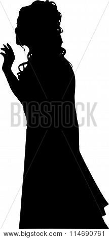 Detailed black silhouette of a young girl with beautiful hair, in a wedding dress. In full growth, i