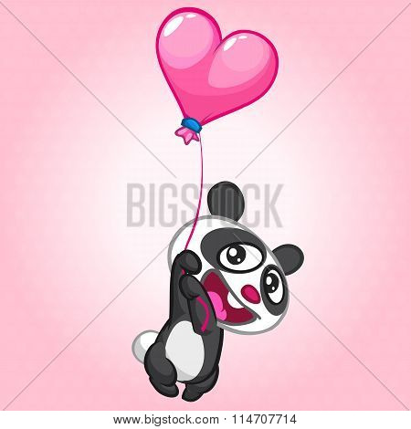 Cute panda flying on heard-shaped balloon. Vector character on St Valentines Day