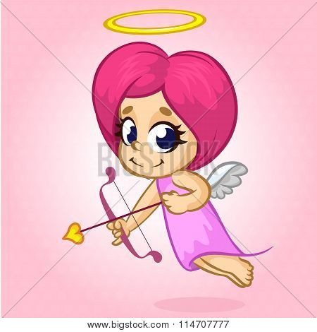 Funny cupid girl aiming at someone. Vector illustration of a Valentine's Day.