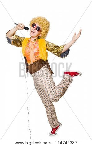 Man with afrocut and mic isolated on white