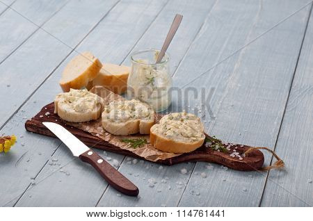 Sandwich With Cheese And Dill Served On The Board