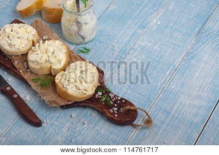 Sandwich With Cheese And Dill Served On The Board