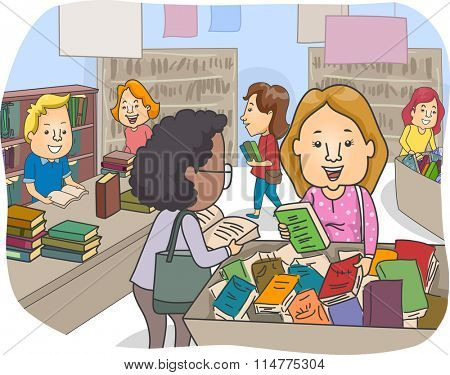 Illustration of a Customers at a Book Bazaar Checking the Selection of Books