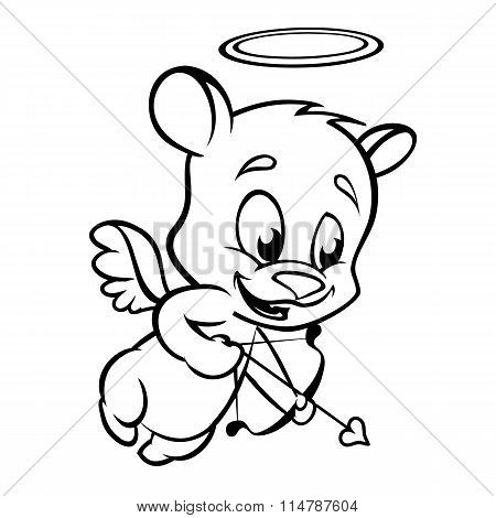 Valentine cupid bear ready to shoot his arrow.Monochrome vector line art isolated