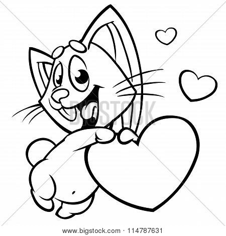 Cute little bunny holding love heart. Monochrome vector line art isolated