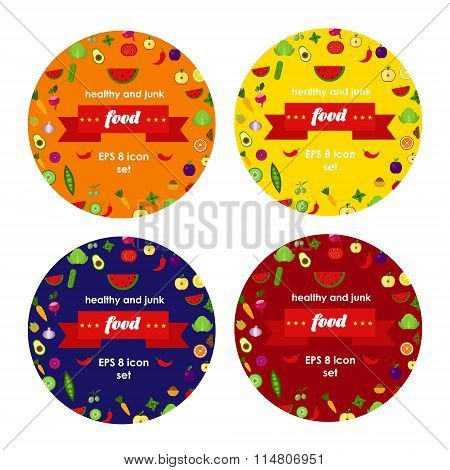 vector vegetables and fruits illustrations in four round stickers