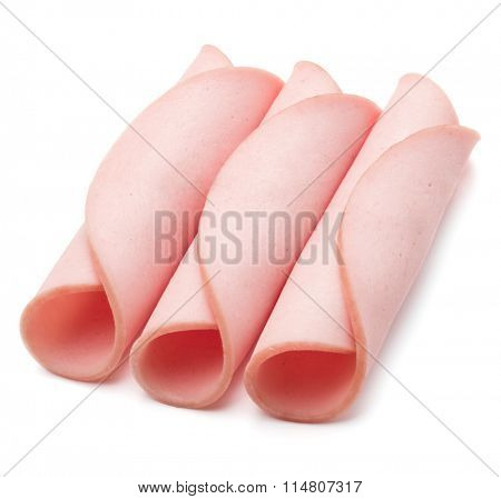 cooked boiled ham sausage or rolled bologna slices isolated on white background cutout