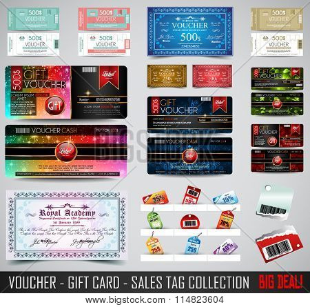 Set of Voucher Gift Cards layout template for your promotional design, tickets template, printed gift cards.. Space and fields for text, front and back provided.