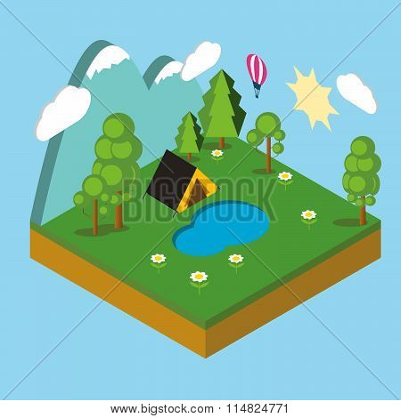 Iisometric Camp, Flat 3D Isometric Pixel Art. Iinfographics Illustration.