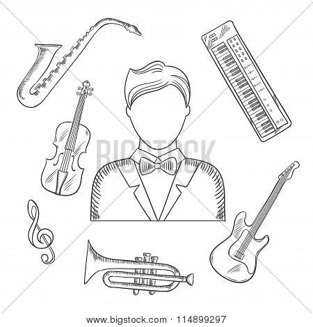 Musical hand drawn icons and objects