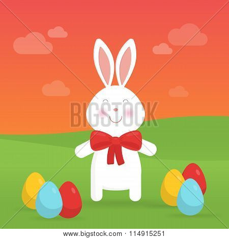 Cute Easter bunny in nature vector illustration.