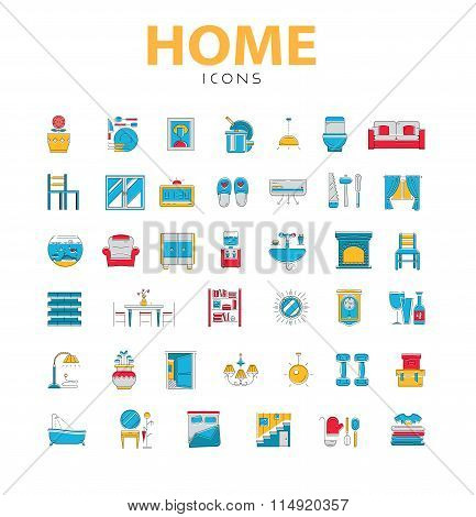 Home Icons, House Related Objects, Vector Icons In Color, Line S