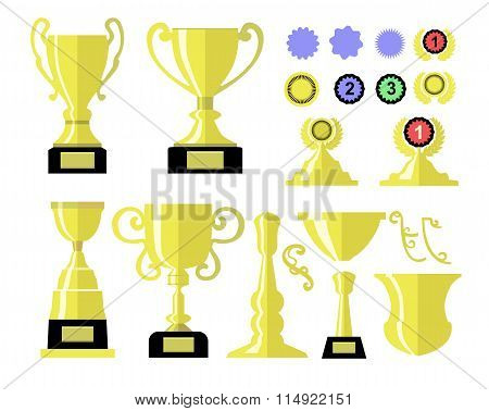 Winners Cup. Set Of Different Golden Bowls And Awards Icons Set.