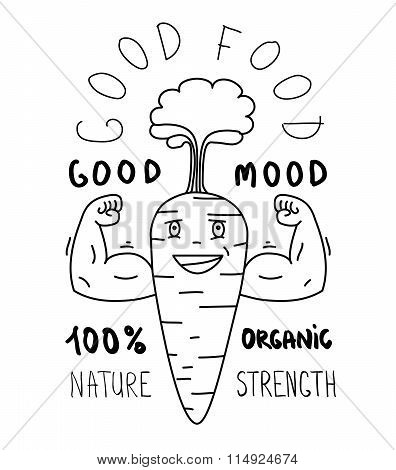 Carrot Cartoon Characters Showing Muscle Arm. Health Food Concep