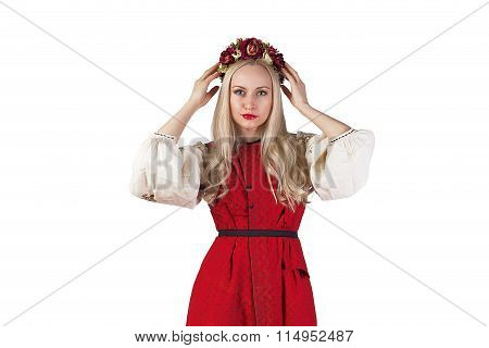 Girl In Ukrainian Costume Holding Her Flower Chaplet