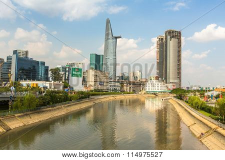 HO CHI MINH, VIETNAM - JAN 14, 2016: Views Bitexco Financial Tower, 68 floors (and 3 underground) area 100,000 square metr, is the third tallest building in Vietnam.