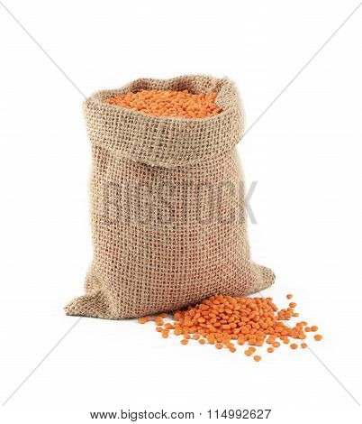 red lentils in a burlap bag