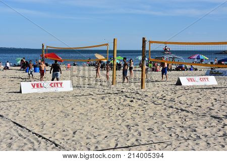 NEW LONDON, CT - AUG 13: Ocean Beach in New London, Connecticut, as seen on Aug 13, 2017. It offers a spectacular view, rides, waterslides, a mini golf course, and an arcade with retro games.