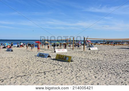 NEW LONDON, CT - AUG 13: Ocean Beach in New London, Connecticut, as seen on Aug 13, 2017. It offers a spectacular view, rides, waterslides, a mini golf course, and an arcade with retro games.