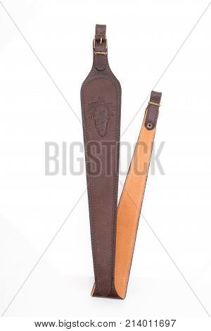 Armored Brown Leather Belt On White Isolated Background